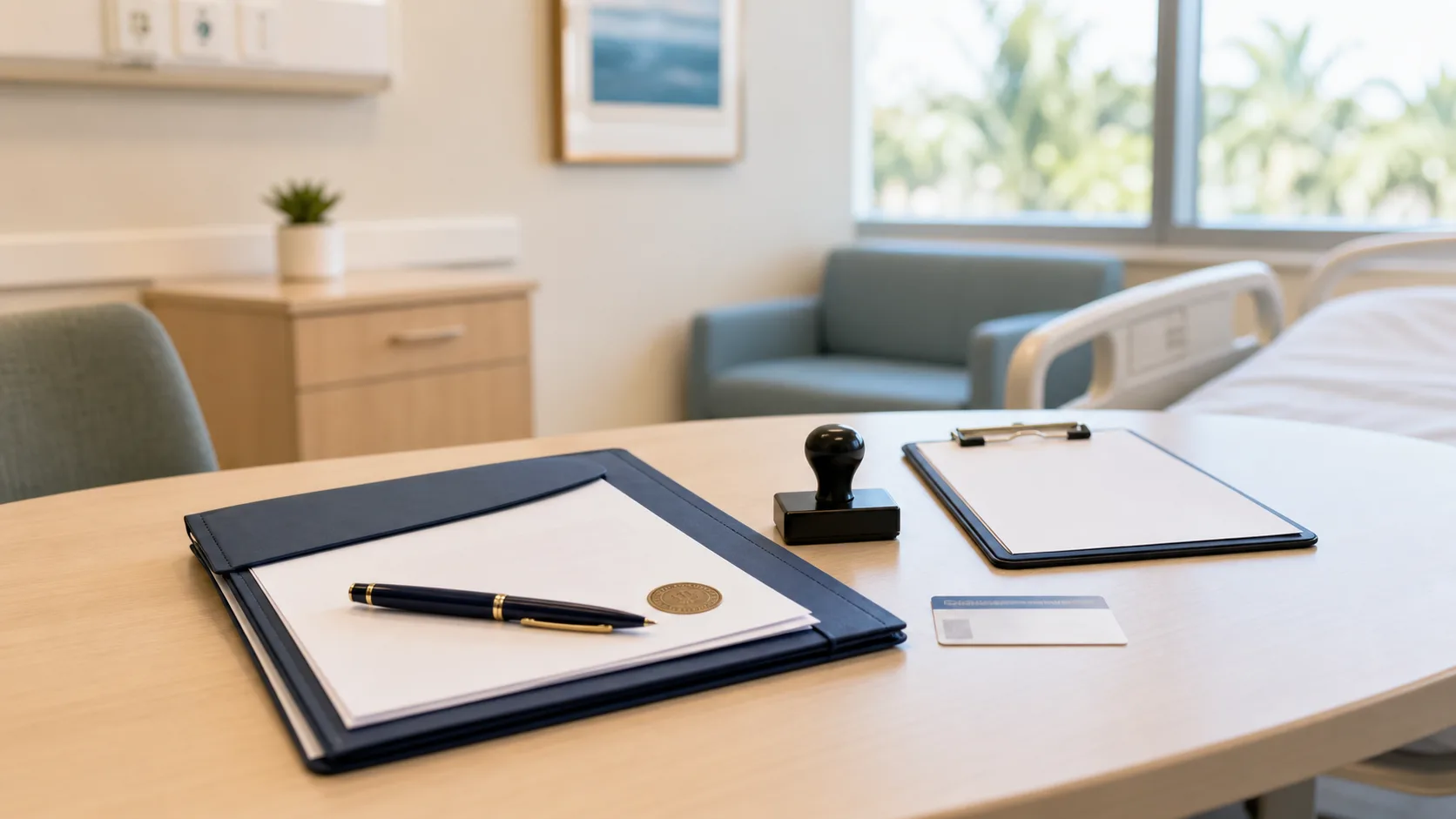 Private hospital room table prepared for a mobile notary appointment