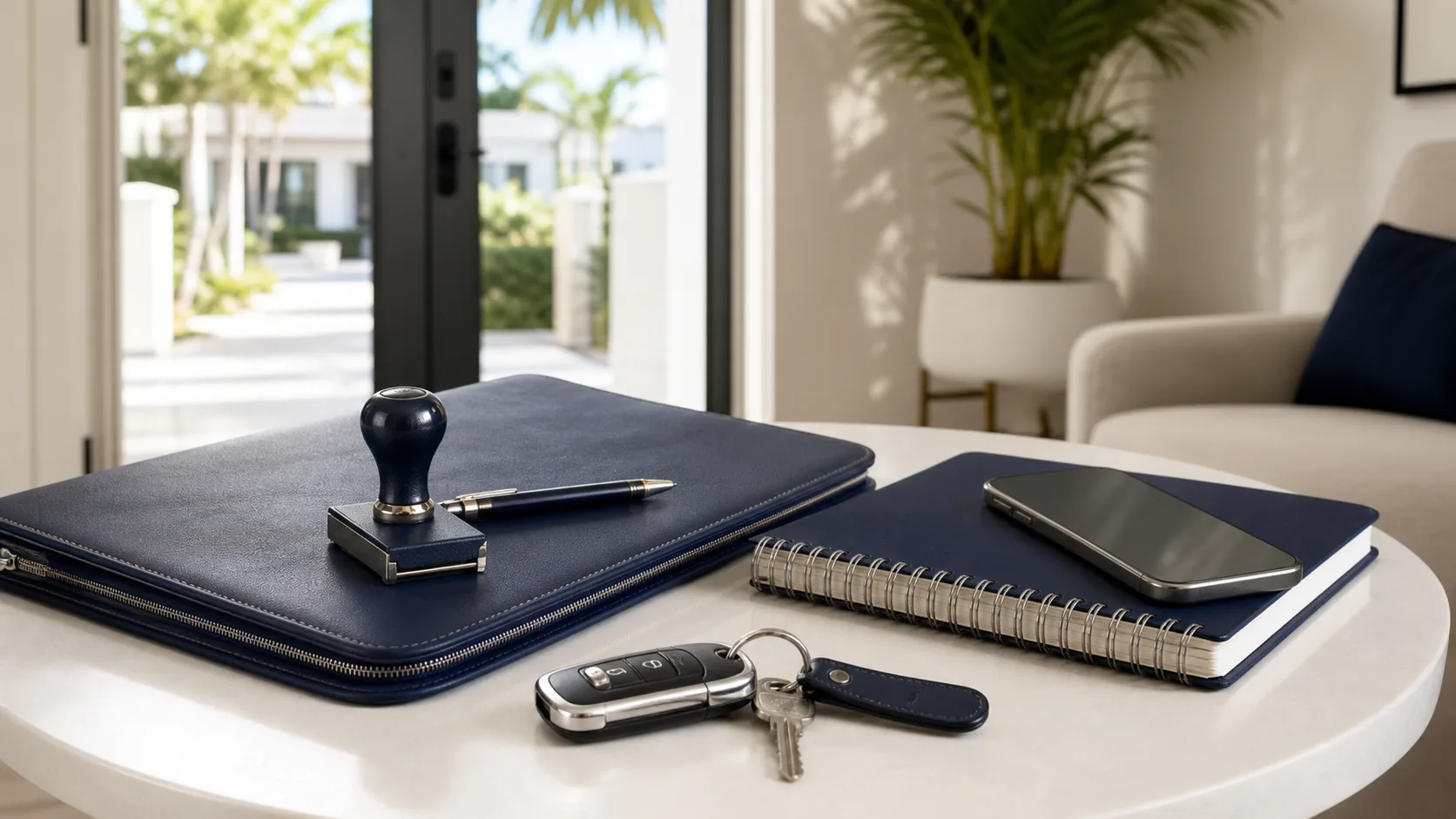 Mobile notary folio, stamp, notebook, phone, and keys prepared for an appointment