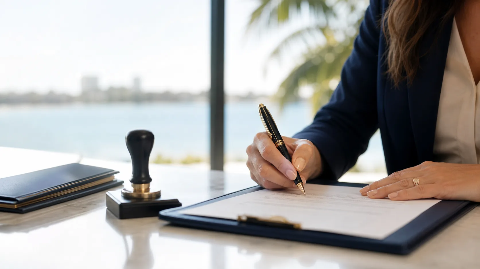Professional documents, notary stamp, and pen prepared for a mobile signing appointment